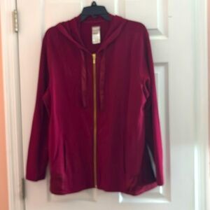 Chico’s raspberry red knit full zip hoodie with satin detail.  Size 16/XL/3